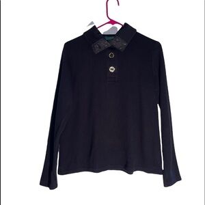 Lauren, Ralph Lauren Black 1/4 gold tone button collared pullover. Size Med GUC